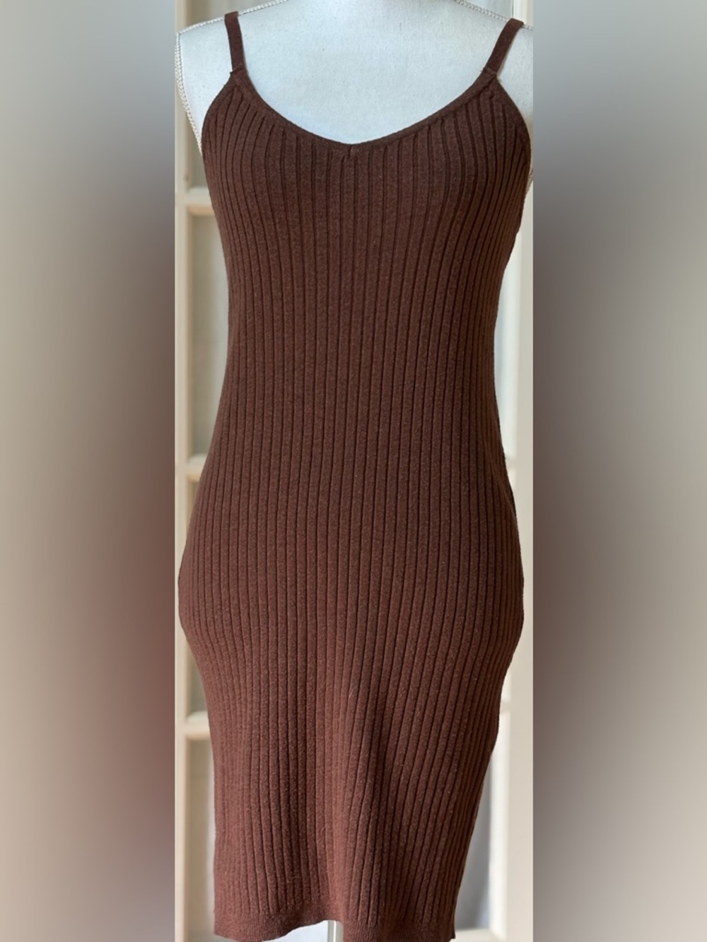 Brown Ribbed Knit Bodycon Mini Dress Spaghetti Strap Fitted NWT